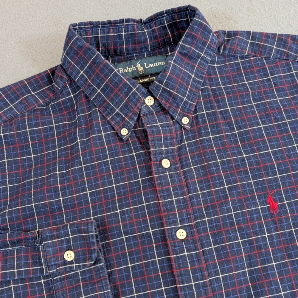Ralph Lauren Button Down Shirt Mens XL Classic‎ Fit Navy Plaid Red Pony Logo